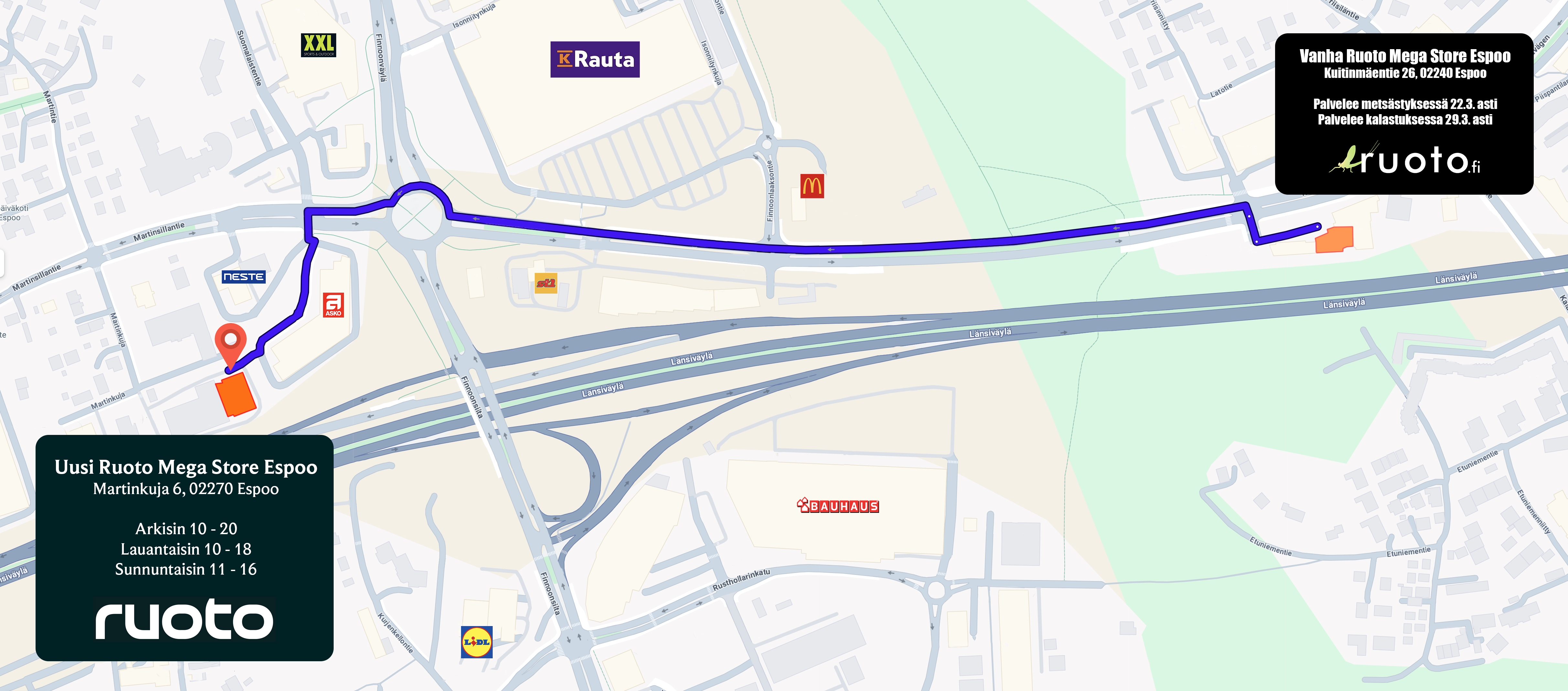 Ruoto Mega Store Espoo muuttokartta